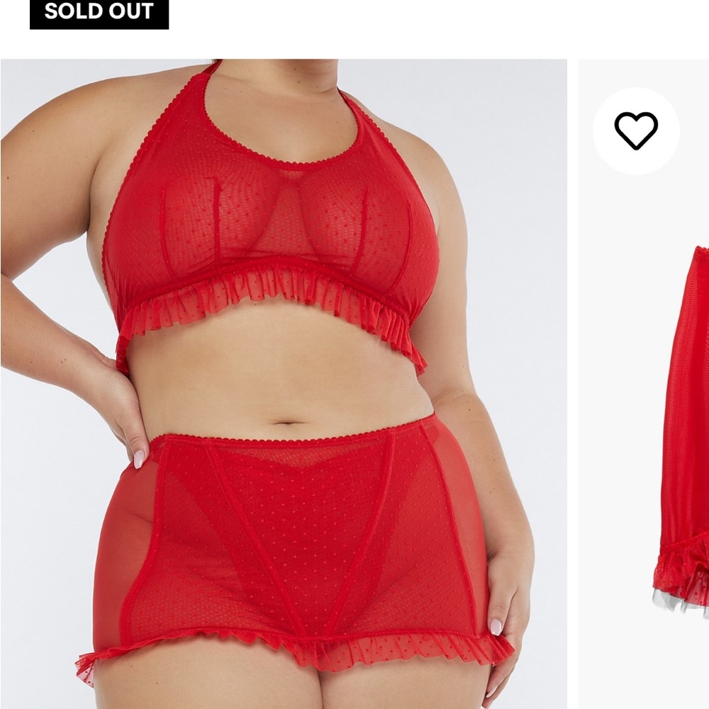 Savage X Fenty Red Sheer Gloves, Bralette and skirt Set